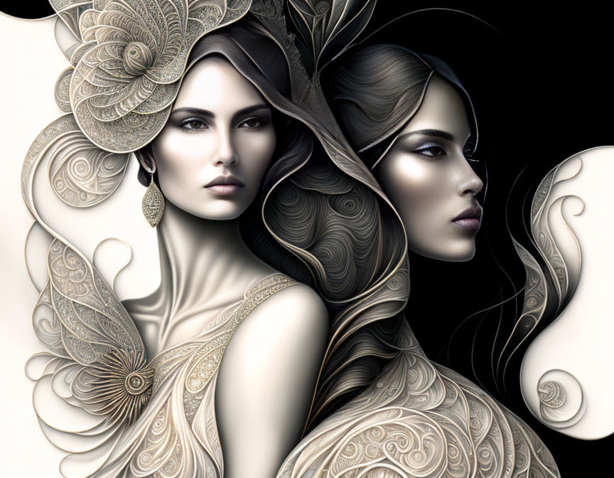 Intricately illustrated women with decorative hairstyles on beige backdrop