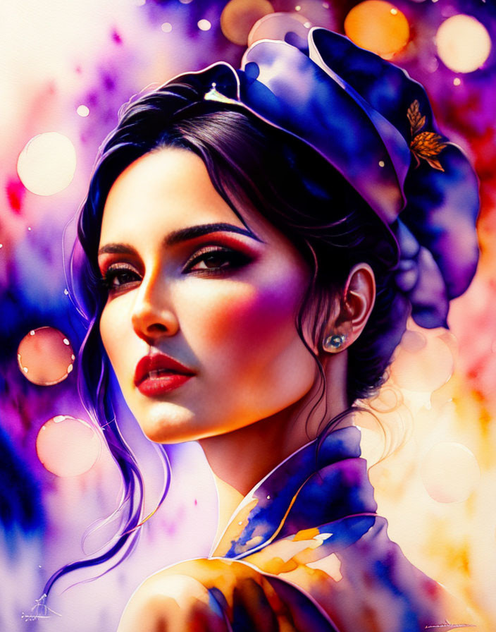 Vibrant digital portrait of a woman with deep gaze and blue & gold headscarf surrounded by