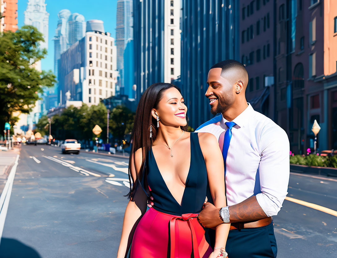 Elegant couple holding hands in city street with tall buildings