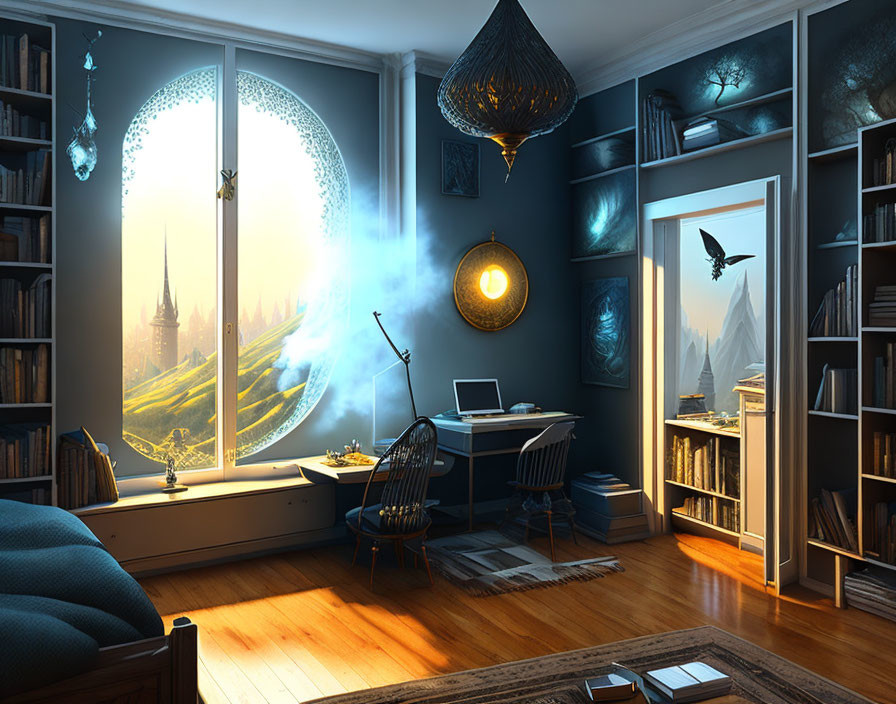 Well-lit home office with large window and fantasy landscape view