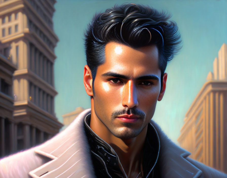 Stylized portrait of a man with facial hair and white jacket