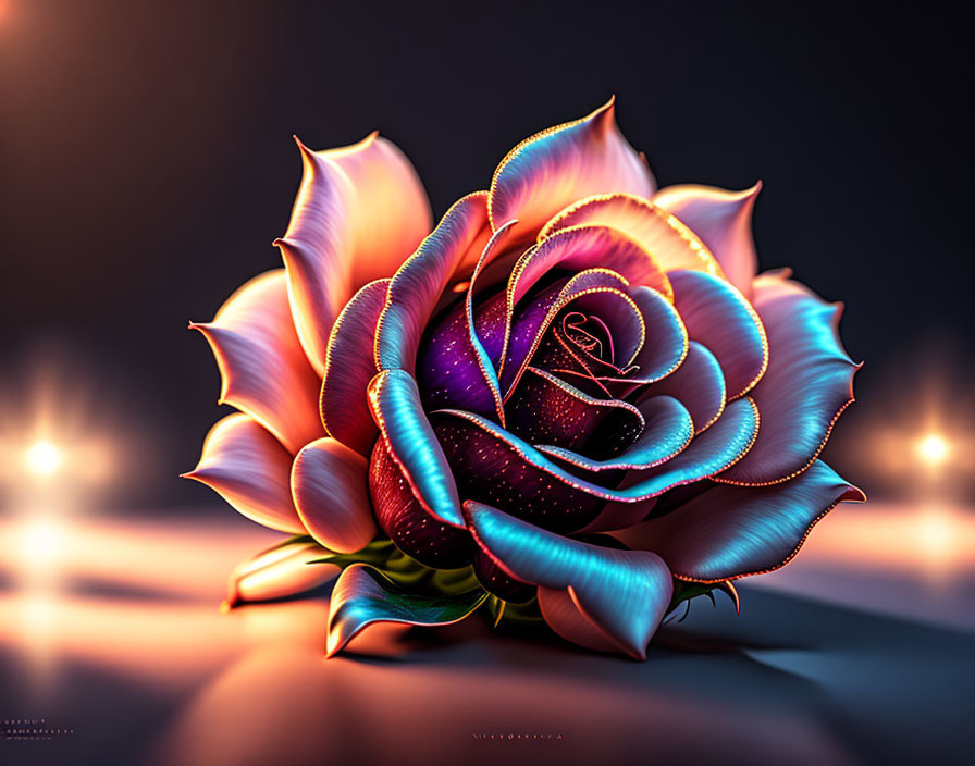 Stylized digital illustration of glowing rose in purple, blue, and orange on dark background