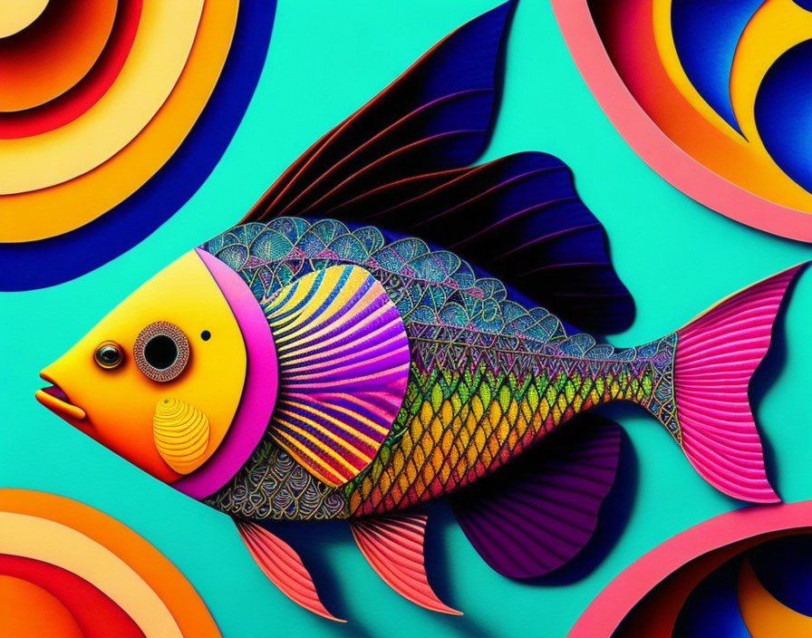 Colorful Stylized Fish Artwork with Abstract Patterns on Teal Background