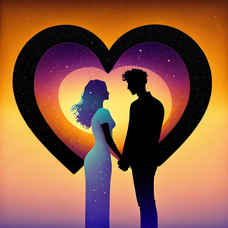 Silhouette couple holding hands in heart shape against cosmic and sunset backdrop