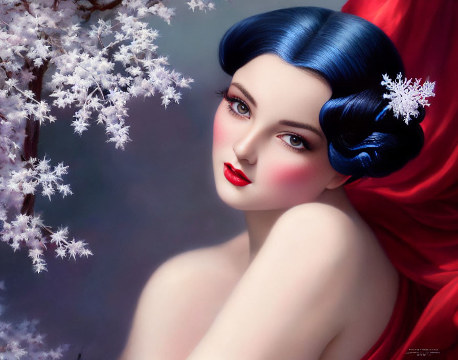 Stylized illustration of woman with blue hair and red drapery among white blossoms