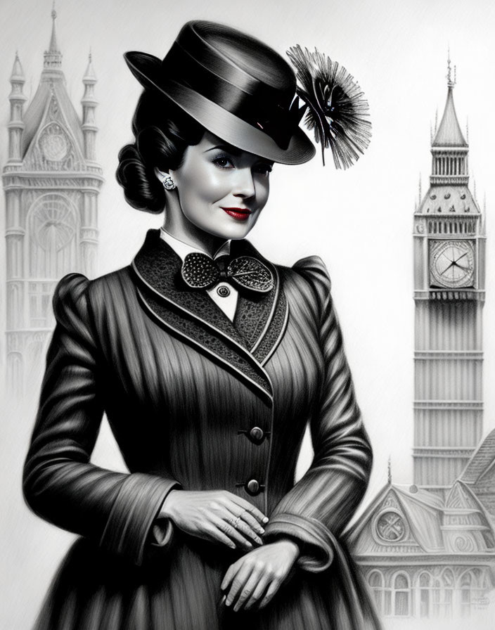 Monochrome vintage woman with hat and Big Ben background