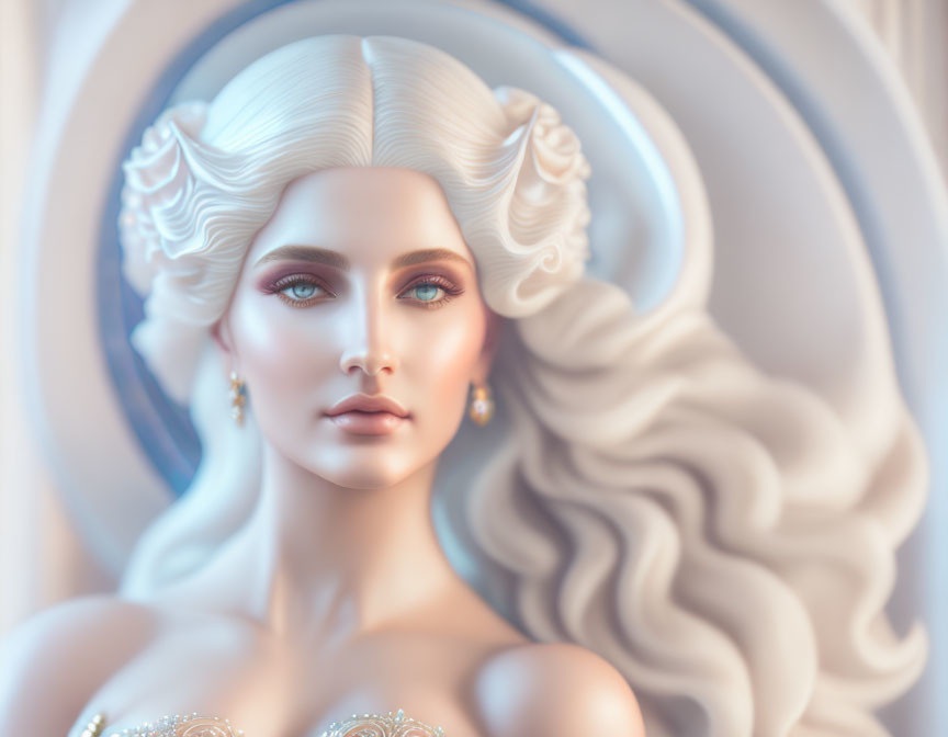 3D illustration: Woman with white hair, blue eyes, earrings, and off-the-shoulder