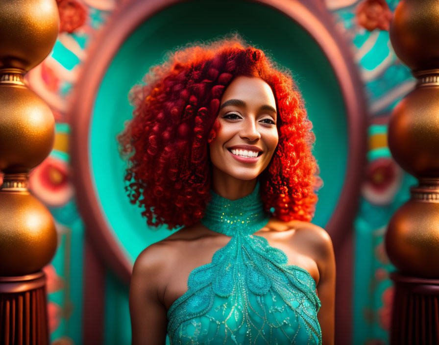 Smiling woman with red hair and turquoise neckpiece on teal backdrop