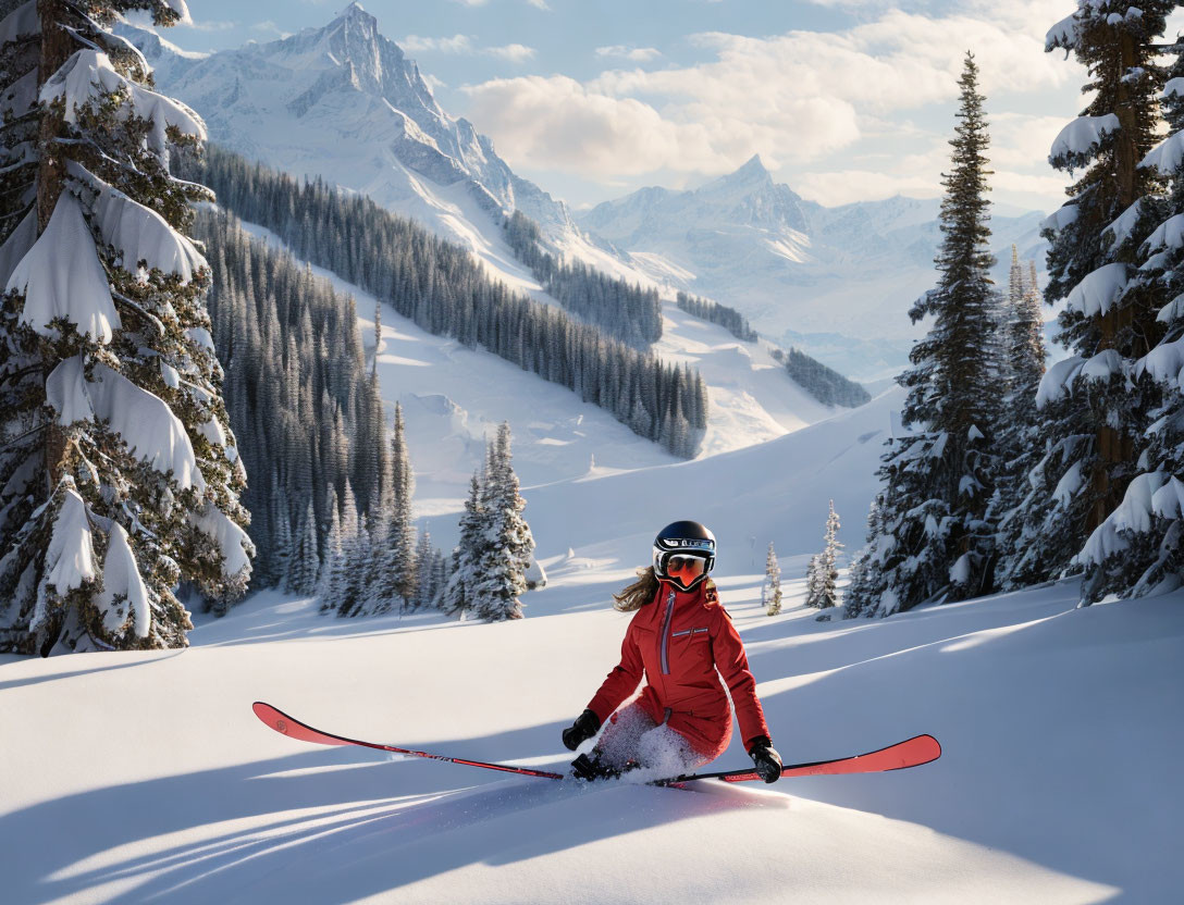 Skier in Red Jacket Carving Fresh Snow with Mountain Scenery