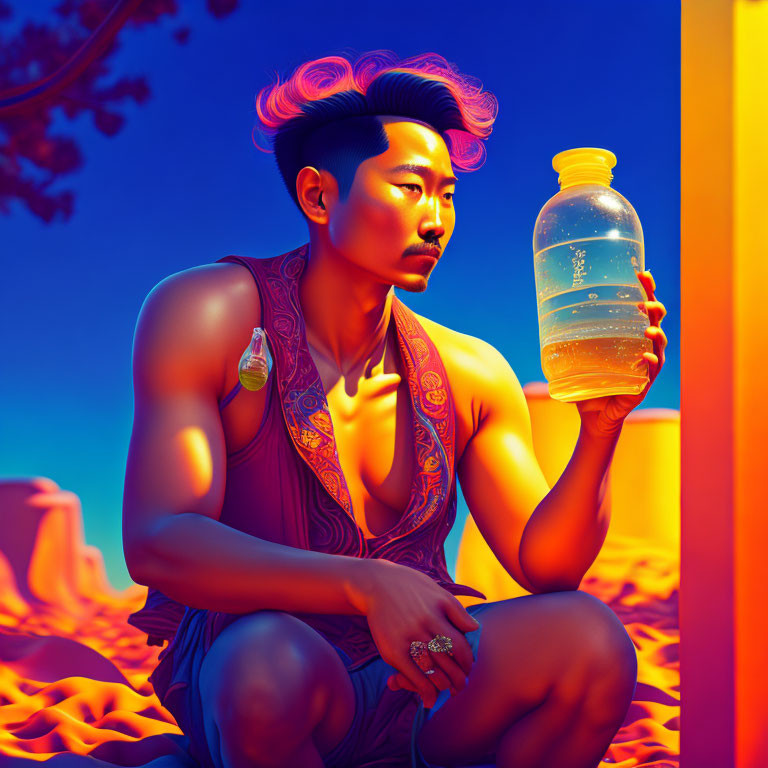 Blue-haired man squats in desert with water bottle, vibrant warm oranges and cool blues.