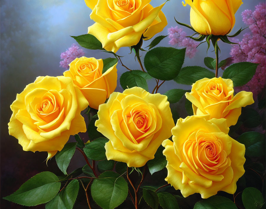 Bright Yellow Roses with Green Leaves on Purple Floral Background