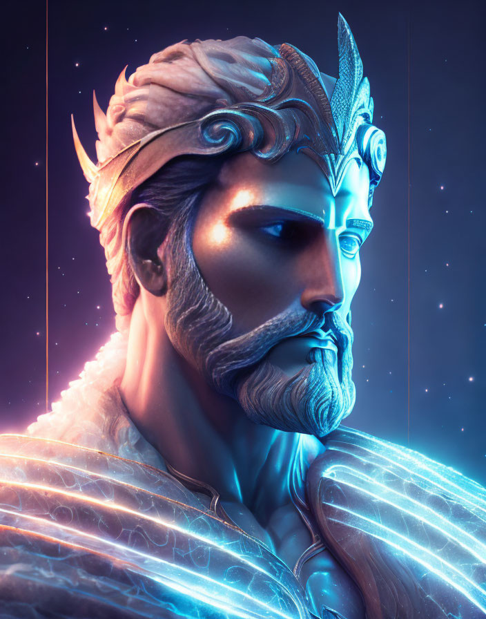 Stylized male figure with beard in winged helmet, neon blue glow, starry background