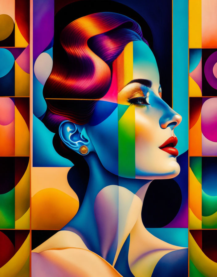 Colorful geometric patterns blend into woman's portrait creating striking cubist effect