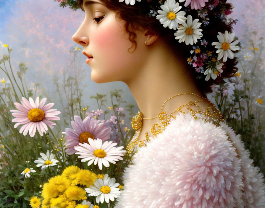 Woman with Flowers: Delicate Features, Pink Attire, Fine Jewelry