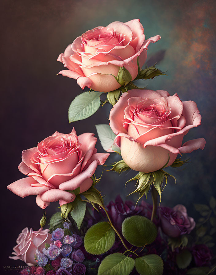 Pink Roses Surrounded by Purple Flowers on Multicolored Background