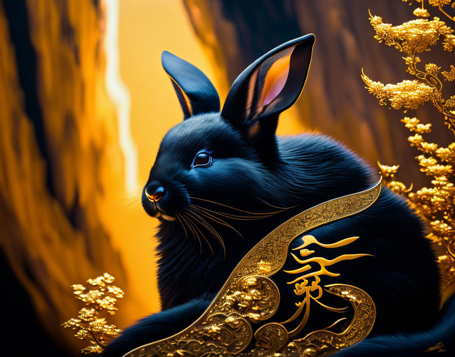 Black Rabbit with Golden Floral Patterns on Warm Background