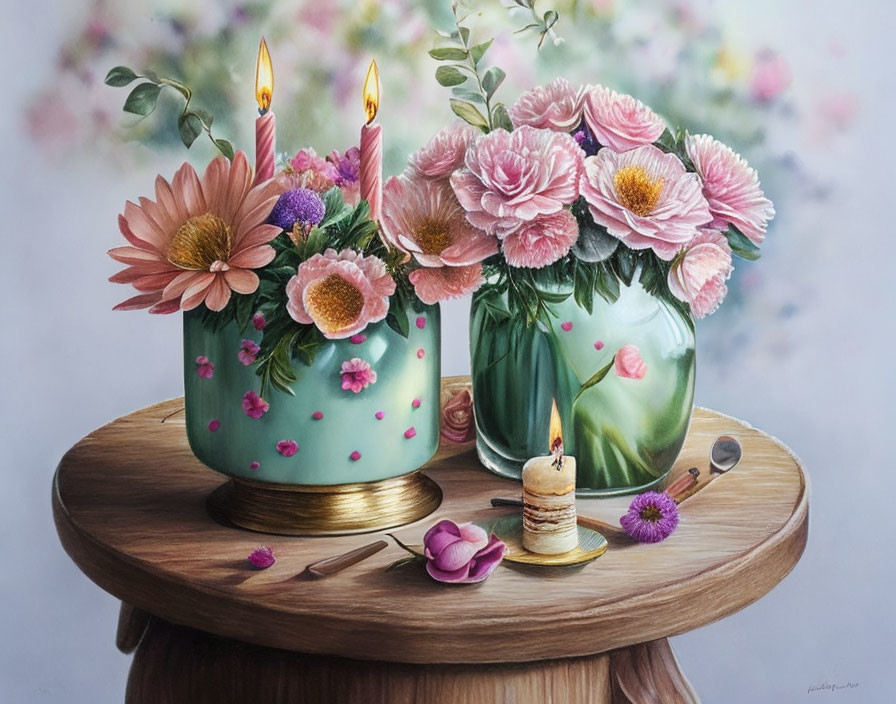 Tranquil still life: wooden table, floral vases, birthday candle, match, and petals