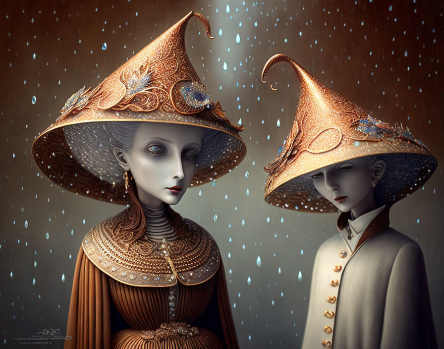 Stylized figures with elongated faces in ornate hats under falling snowflakes