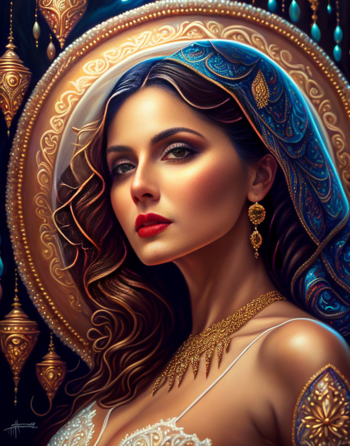 Detailed digital artwork of woman with golden jewelry and blue headdress