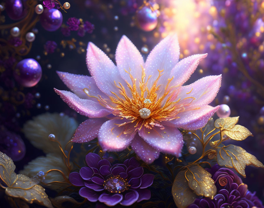 Pink Flower with Sparkling Center in Mystical Garden with Pearls