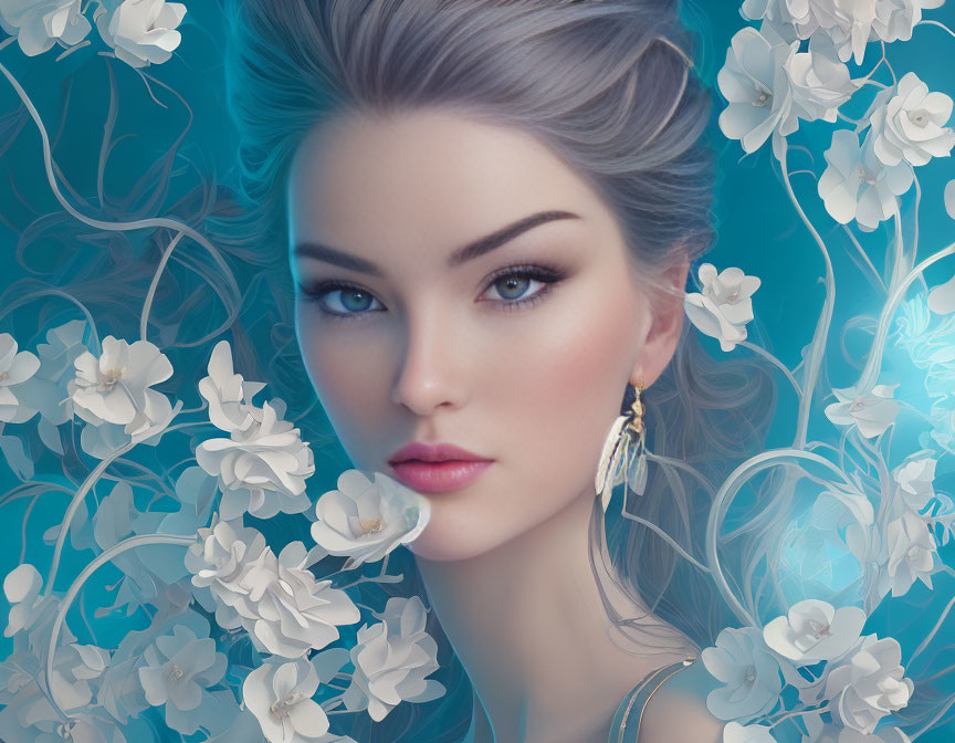 Digital illustration of woman with pale skin and blue eyes in fantasy setting