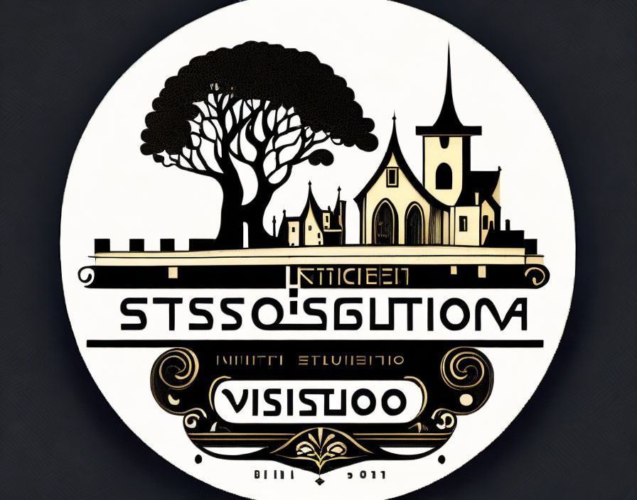 Circular black and white emblem with tree, church, mirrored text, and ornamental designs