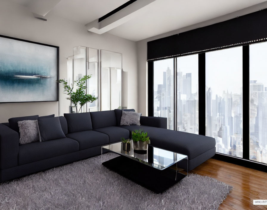 Spacious modern living room with gray sectional sofa, glass coffee table, shaggy rug, and