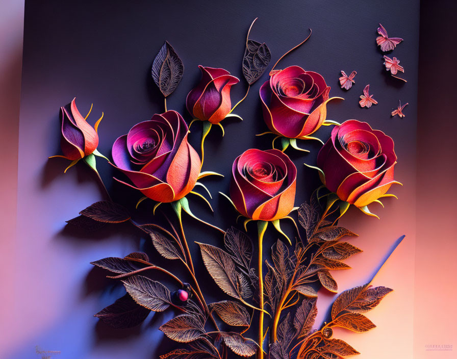 Crimson roses, dark leaves, butterflies on blue and purple gradient.