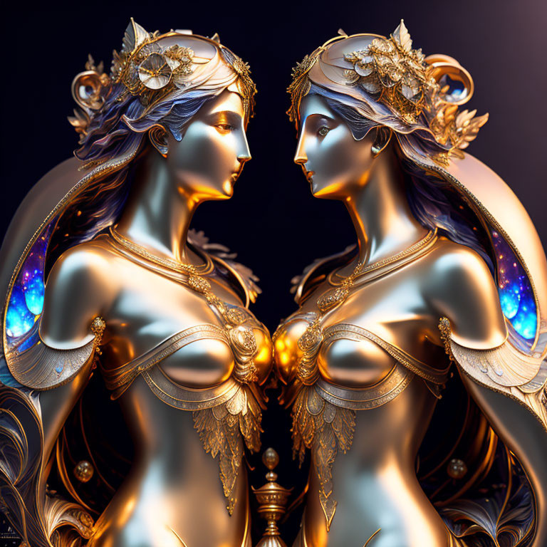 Symmetrical female figures in golden armor with celestial motifs