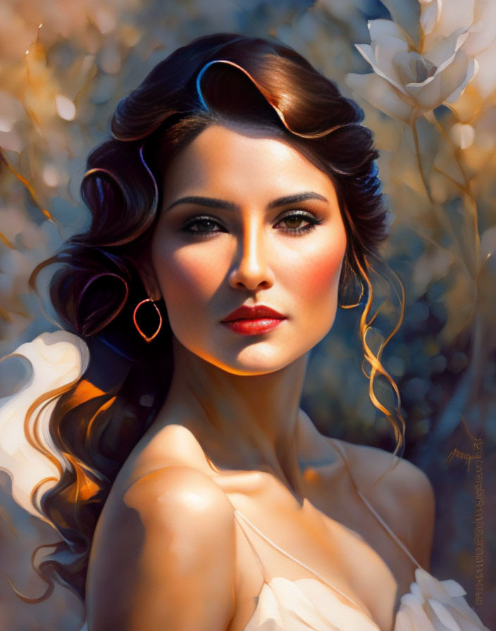 Portrait of woman with wavy hair and earrings in soft-focus blossom backdrop.