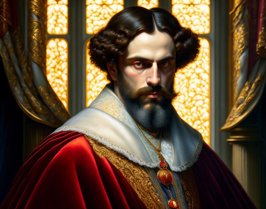 Regal man portrait in red robe with stained glass backdrop