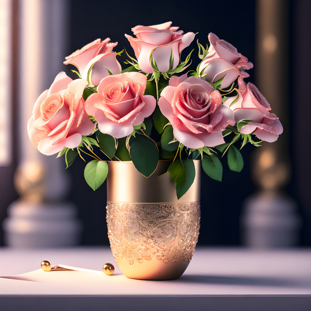 Pink roses bouquet with dew drops in gold vase on surface with pen and card