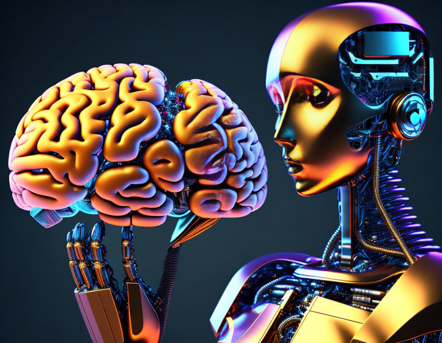 Detailed 3D illustration of humanoid robot with visible brain in cybernetic head and body