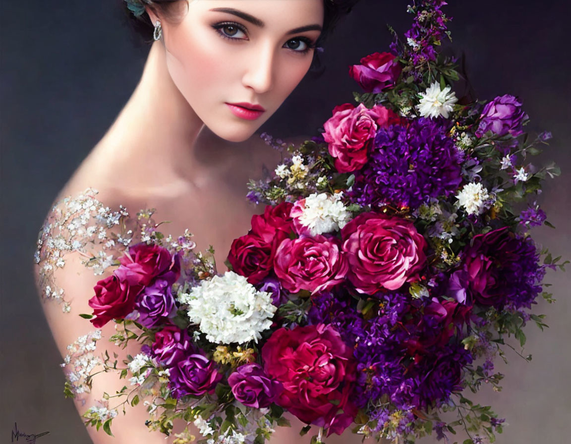 Woman with Striking Eyes Holding Bouquet of Purple and Pink Roses