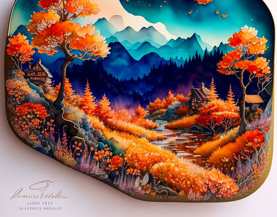 Hand-Painted Autumn Landscape Tray with Orange Trees and River