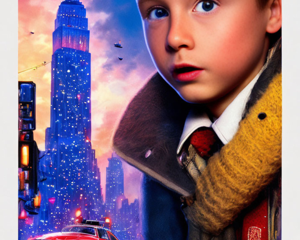 Surprised young boy in colorful city scenery