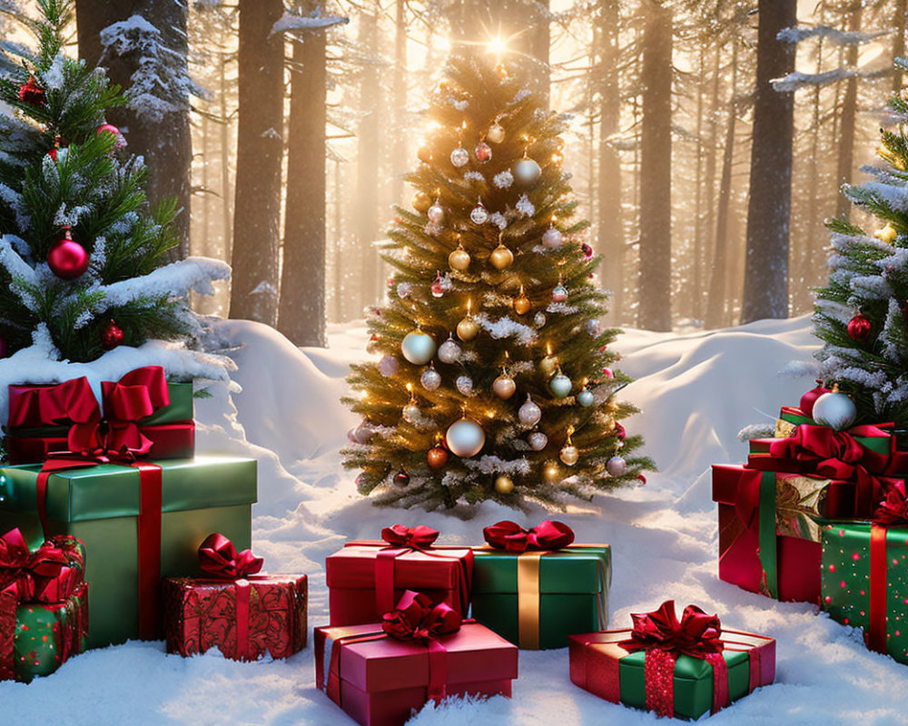 Christmas tree and presents in snowy forest with sunlight.