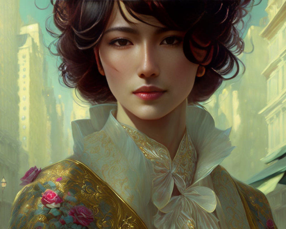 Digital Portrait of Woman in Traditional Attire with Short Wavy Hair