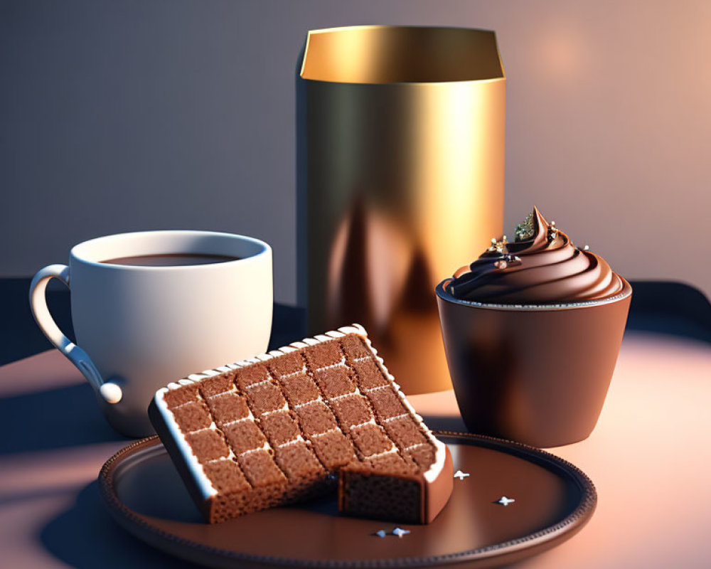 Coffee, cupcake, waffle, and golden container on tray in warm lighting