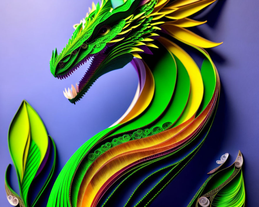 Colorful Paper Quilling Art: Green Dragon with Yellow Accents on Blue Background