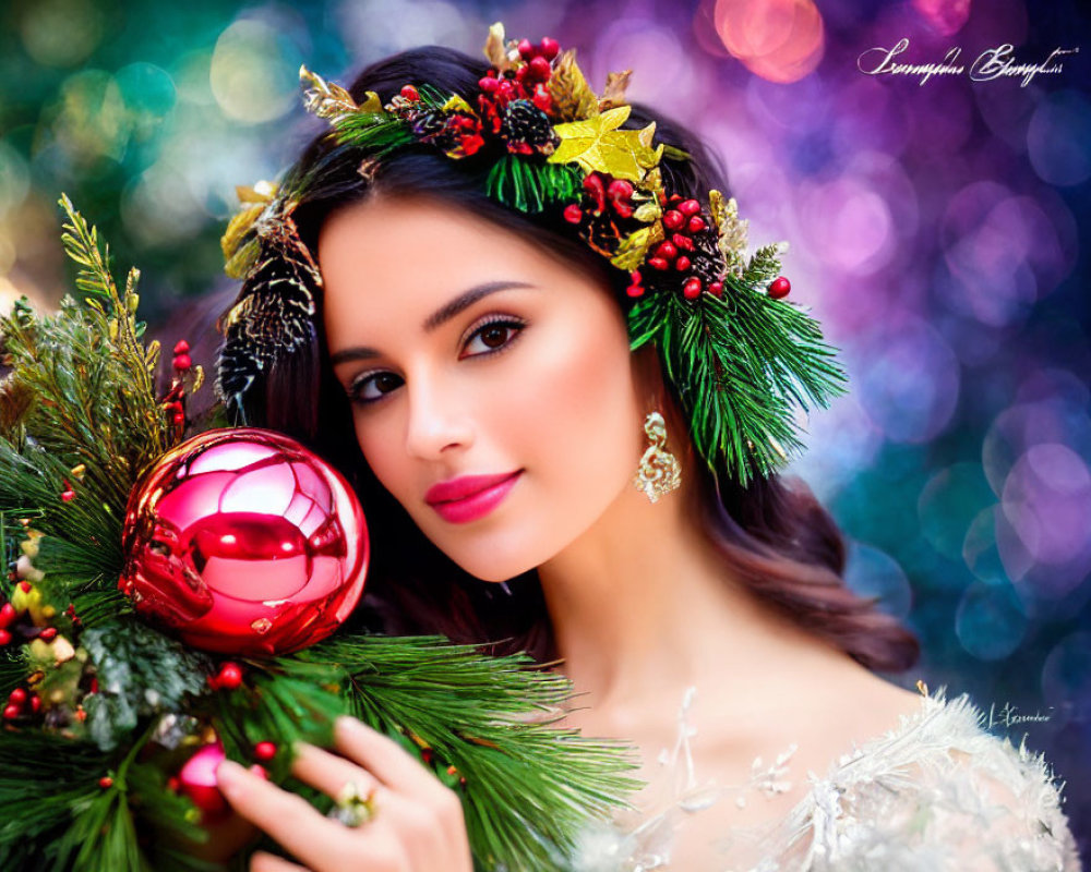 Festive woman with wreath headband holding Christmas ornament on bokeh background