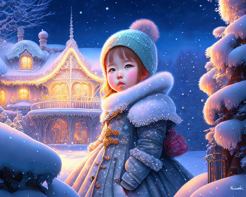 Young child in winter clothing admires snowy scene with ornate house and snow-covered trees