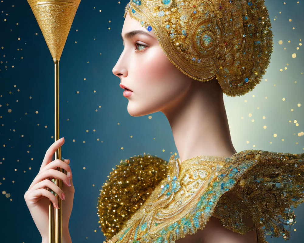 Woman in Gold-Beaded Headdress with Scepter on Blue Background