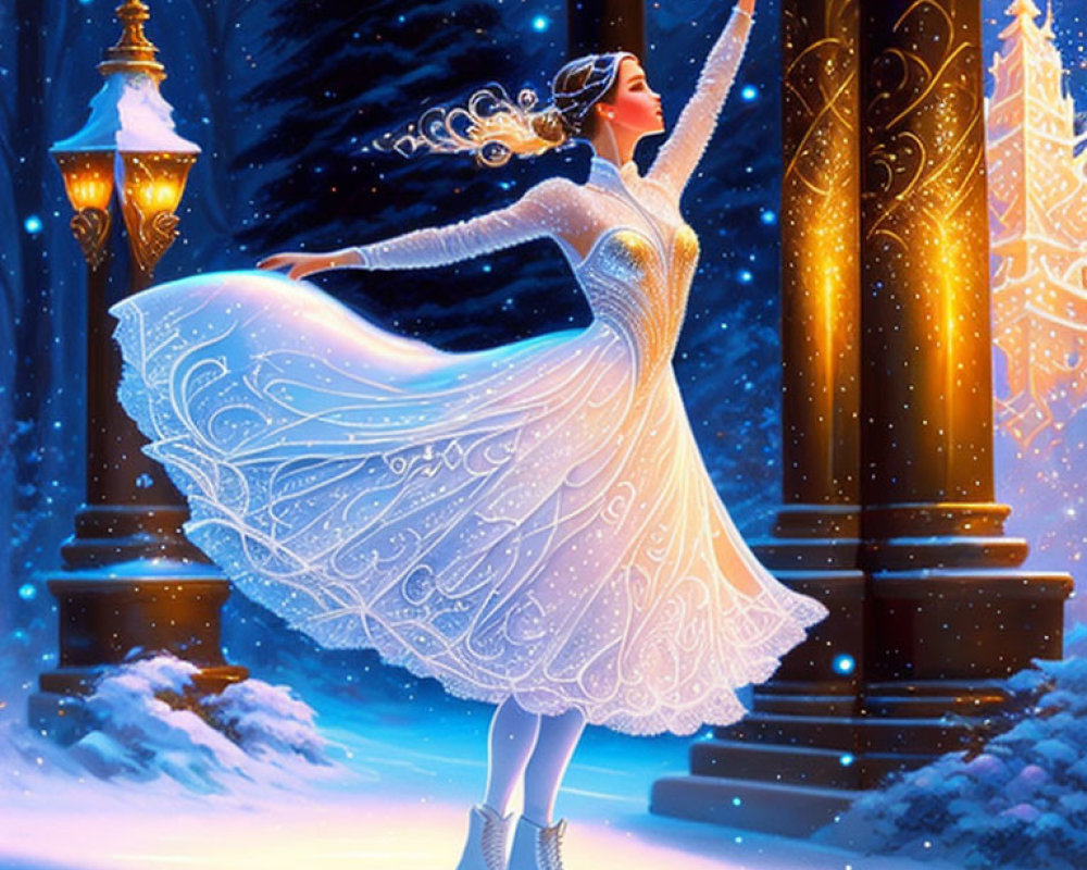 Woman ice skating in white dress at night with snow-covered trees and lamp post