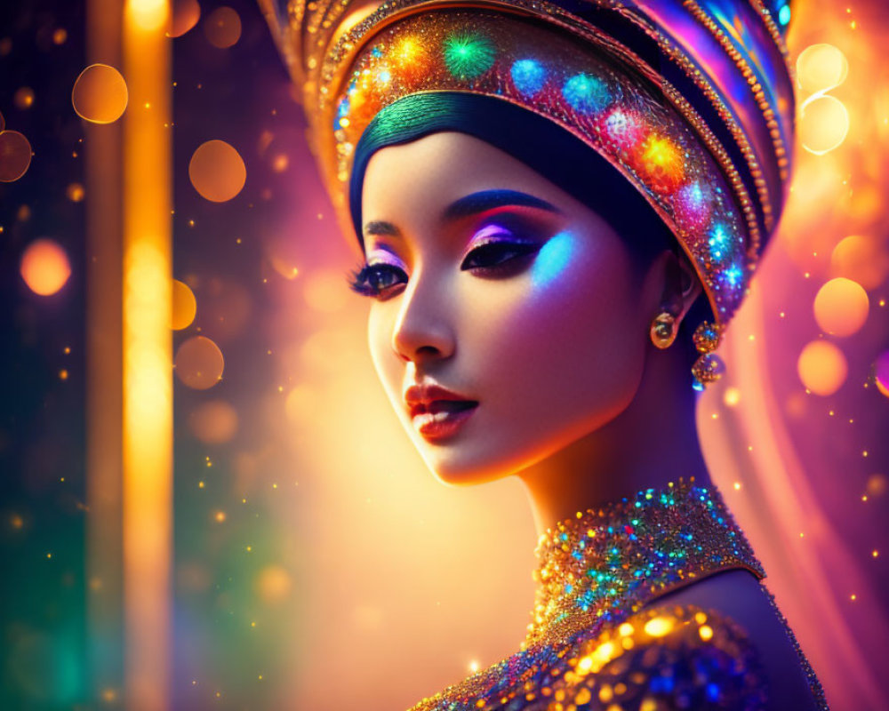 Colorful Traditional Headgear and Make-Up on Woman in Sparkling Lights