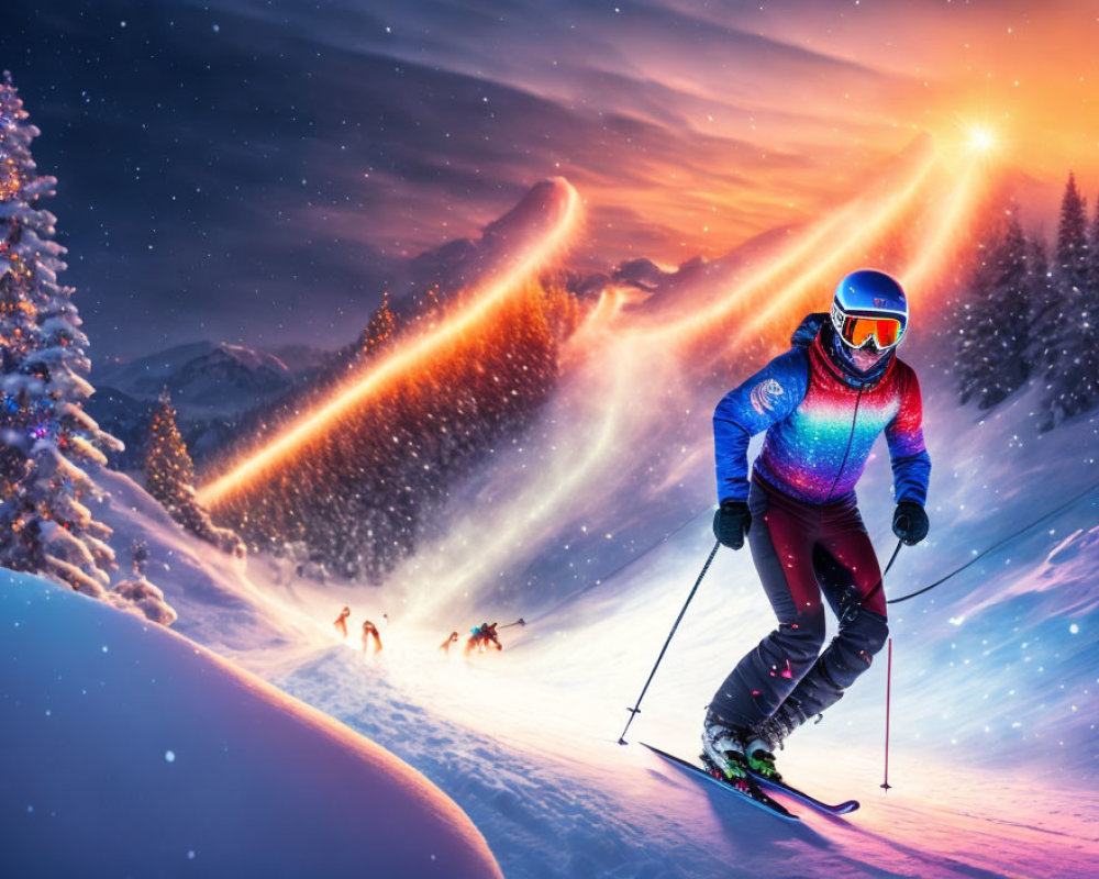 Skier in blue suit skiing snowy slope at dusk with colorful sky streaks.