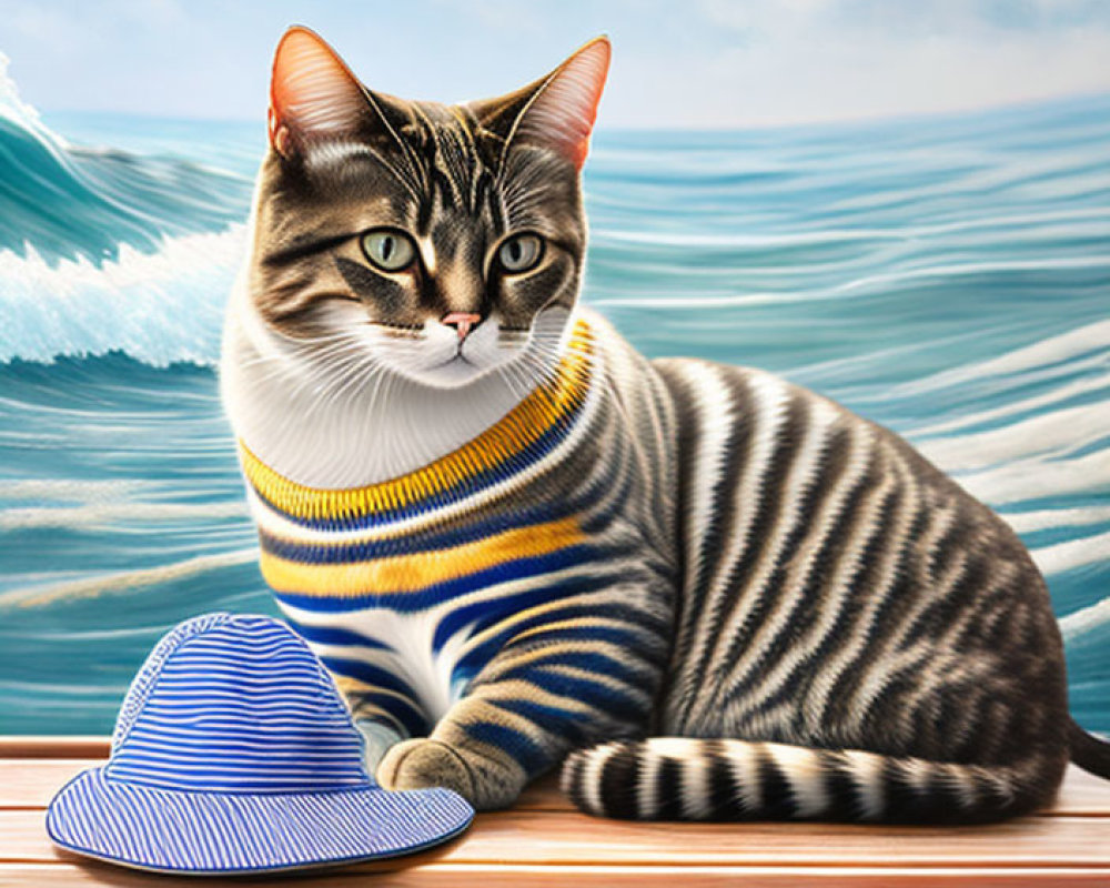 Tabby Cat in Striped Sweater with Blue Hat on Ocean Wave Background