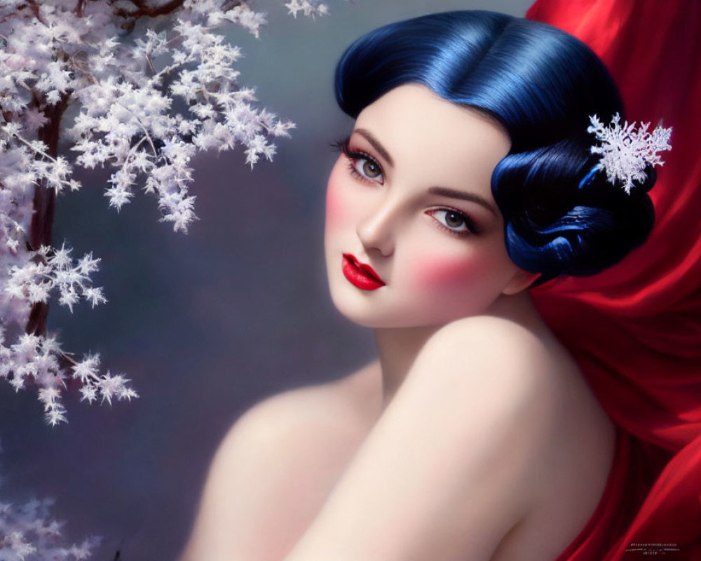 Stylized illustration of woman with blue hair and red drapery among white blossoms