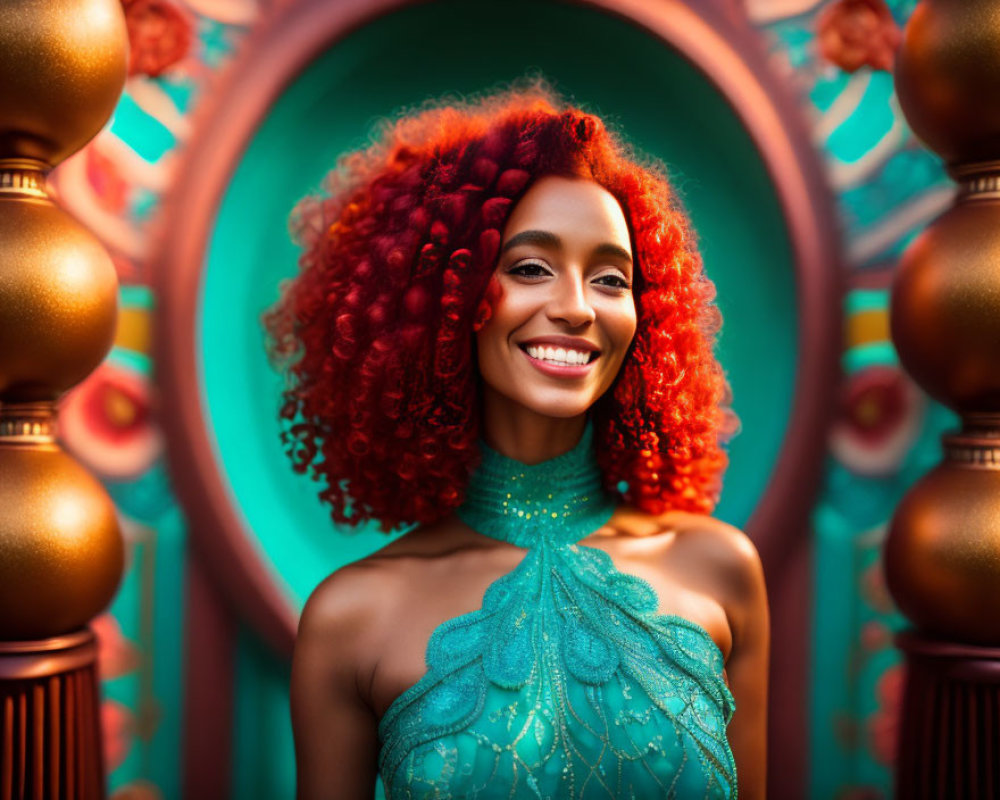 Smiling woman with red hair and turquoise neckpiece on teal backdrop