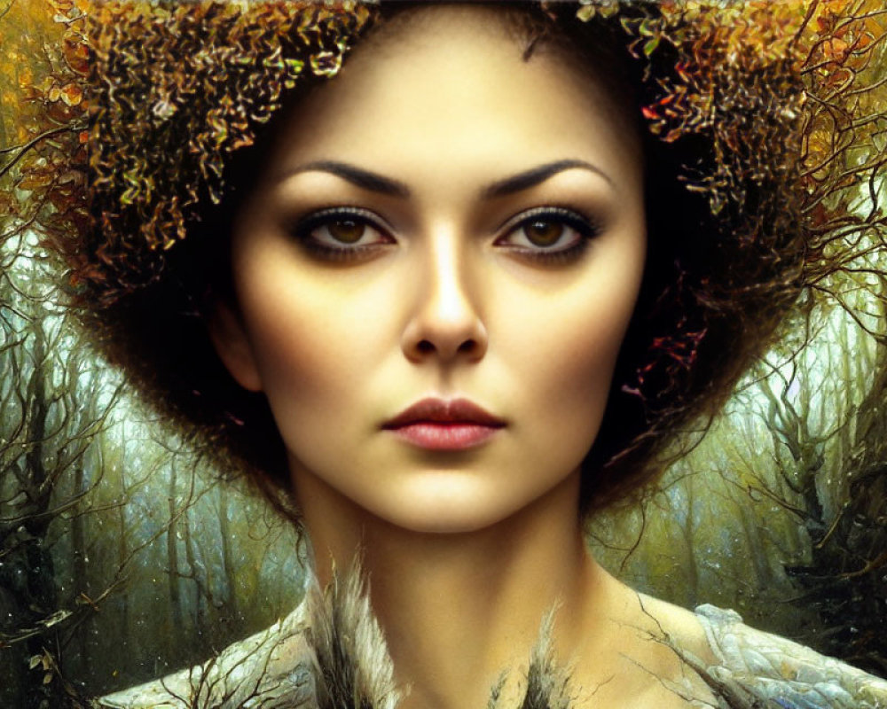 Digital artwork of woman with autumn foliage headdress in mystical forest